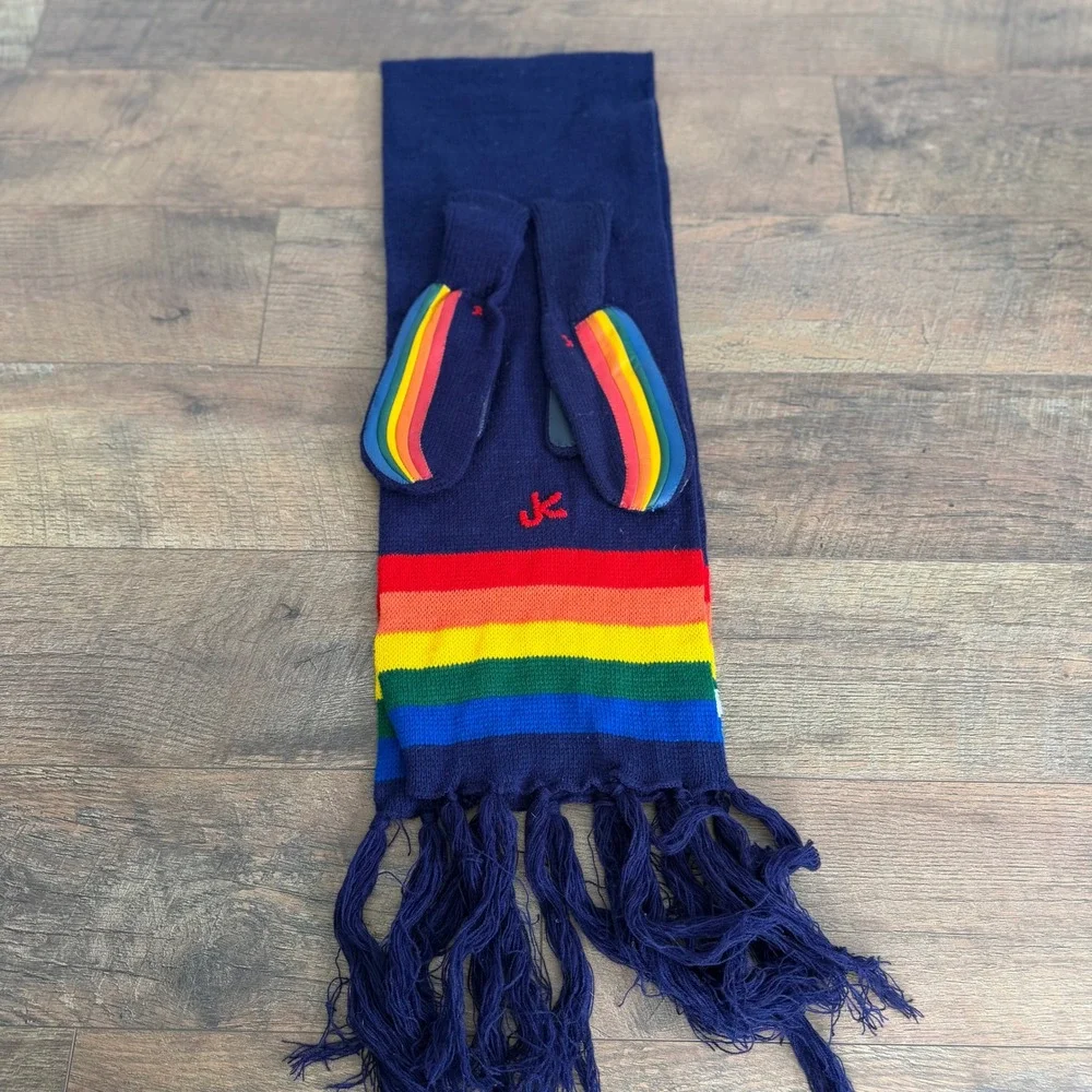 Van‎ Raalte Kids Vintage Rainbow Knit Scarf and Mittens Set Navy Blue One Size